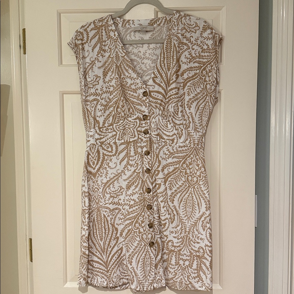 LOFT White and Brown Patterned Dress